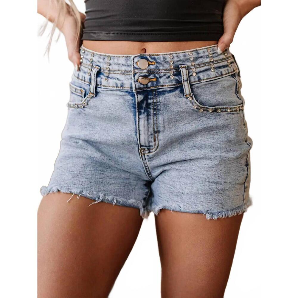 NEW THREADED PEAR rhinestone raw hem short in denim blue